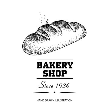 Bread loaf sketch drawing. Hand drawn sketch style bakery shop product. Fresh morning baked food vector illustration for menu design, labels and packaging. Isolated on white background.
