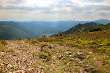 Fototapeta na wymiar The view from mountain Krakonos and Kozi hrbety to the valley.