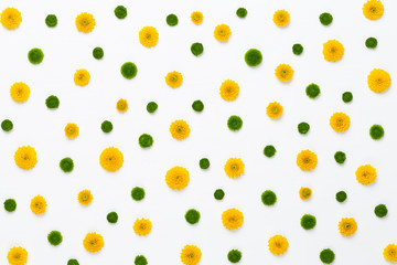 Flowers composition. Pattern made of yellow flowers on white background. Flat lay, top view.