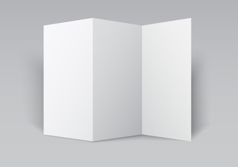 Blank white tri folded brochure mockup. Open booklet isolated.