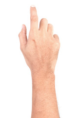 Obraz premium Man hand touching screen Isolated on white background.