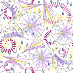 Umbrella and rain drops seamless pattern. Summer trendy  background for prints and fabrics. Watercolor. Childish textile.