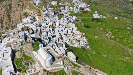 Aerial drone photo of picturesque main village or hora of Serifos island with breathtaking view to...