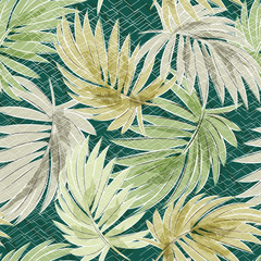 Palm leaves on green background seamless pattern. Tropical plants hand drawn. Watercolor. Summer trendy natural background for prints and fabrics. Great pattern for bed linen.