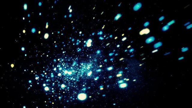 Moving backwards fast through the Stellar Space. Flying back through the blue, shining stars in black cosmos.