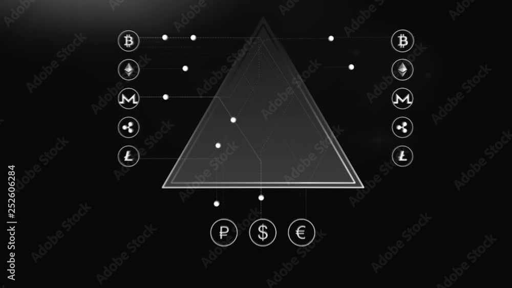 Poster abstract animation of money conversion process with different icons connected by lines and dots on g