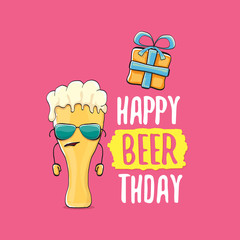 Happy Beerthday vector greeting card or print. Happy birthday party celebration poster with funky beer character and gifts