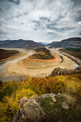 Meanders of Arda river, Kardzhali dam, Bulgaria in autumn with low water level.