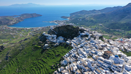 Fototapeta na wymiar Aerial drone photo of picturesque main village or hora of Serifos island with breathtaking view to the Aegean sea in spring, Cyclades islands, Greece