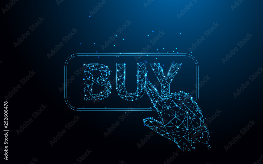 Poster hand touching buy button from lines, triangles and particle style design. illustration vector