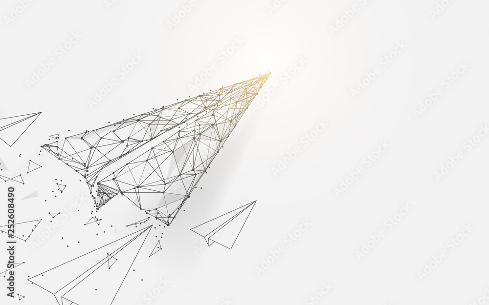 Leinwandbilder paper airplanes flying from lines, triangles and particle style design. illustration vector