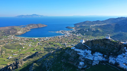 Fototapeta na wymiar Aerial drone photo of picturesque main village or hora of Serifos island with breathtaking view to the Aegean sea in spring, Cyclades islands, Greece
