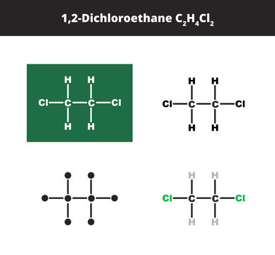 Vector organic polar aliphatic molecule or solvent of 1,2-Dichloroethane C2H4Cl2 in several variants - organic chemistry concept. Chemical formulas isolated on a white background.