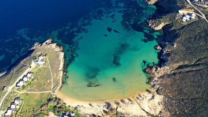 Aerial drone photo of beautiful sandy beach with deep turquoise sea of Psili Amos in island of Serifos at spring, Cyclades, Greece