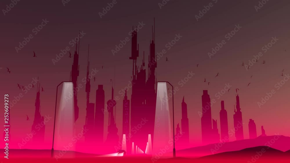 Canvas Prints retro-futuristic cityscape with reddish smog and outgoing car. 80s style seamlessly looping animatio