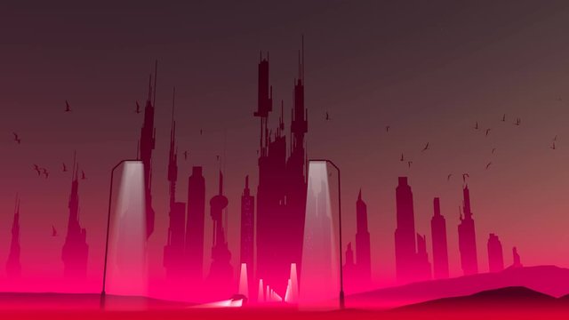 Retro-futuristic cityscape with reddish smog and outgoing car. 80s style seamlessly looping animation.