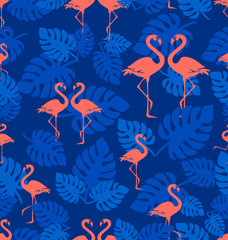 Fototapeta na wymiar Tropical flamingo pattern. Coral flamingo. A flock of tropical birds with leaves of a tropical plant. Seamless pattern. Park of birds. Exotic birds on a dark blue background.
