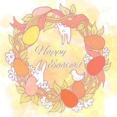 Decorative Easter wreath. White bunny, flowers and red, orange, yellow eggs. Watercolor design print. Elegant holiday greeting card. Spring symbol with white flowers and a bird. Happy Easter text