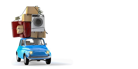 Umzug mit blauen Kleinwagen und Umzugsgut auf dem Dach