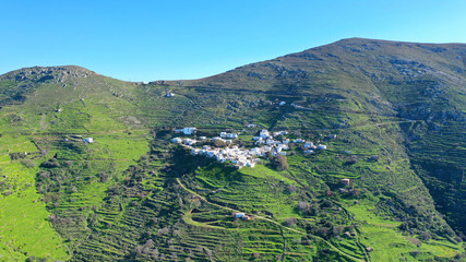 Aerial drone photo of beautiful green landscape in picturesque island of Serifos, Cyclades, Greece