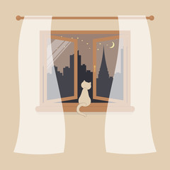 Wooden window with tulle as design element for interior of room on cream background. Night city scene or cityscape is outside. Cat sit on windowsill and looking in the open window.Vector illustration
