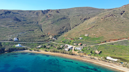 Aerial drone photo of beautiful sandy beach of Ganema with deep emerald sea in island of Serifos at spring, Cyclades, Greece