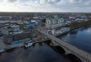St. Peter and Paul Church and Shannon bridge aerial view. Athlone, Ireland. February 2019