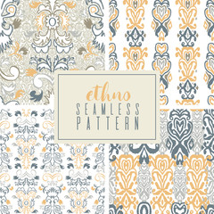 Set of seamless patterns in ethnic style. Abstract bacground, hand drawn painting.