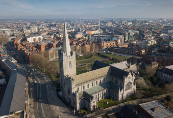 Drone shot of St.Patrick's Cathedral. Dublin, Ireland. February 2019