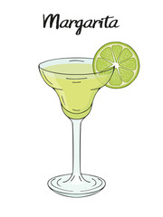 Margarita cocktail, with lime decorations. For cafe and restaurant menu, packaging and advertisement. Hand drawn. Isolated image. Vector illustration.