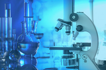 microscope and laboratory tools in reseach laboratory