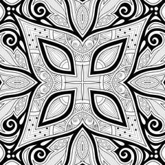Monochrome Seamless Pattern with Floral Ethnic Motifs