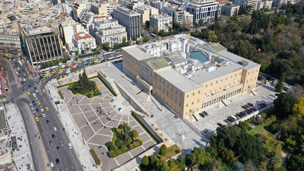 Aerial drone photo of iconic Greek Parliament in Syntagma square, Athens historic centre, Attica,...
