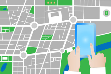 Tourist is touching blank screen of a smart phone. City small abstract town map vector with streets , parks and river is in the background. 