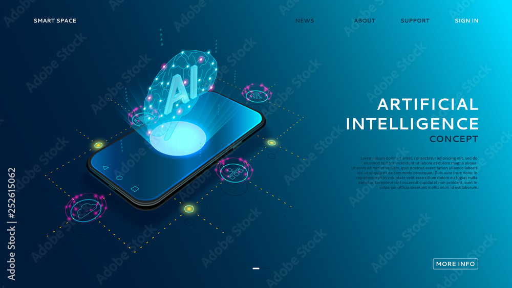 Poster artificial intelligence modern concept. ai hologram of digital brain controls app on smartphone. int