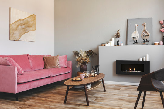 Paintings on the walls of grey living room interior with pink couch and bio fireplace