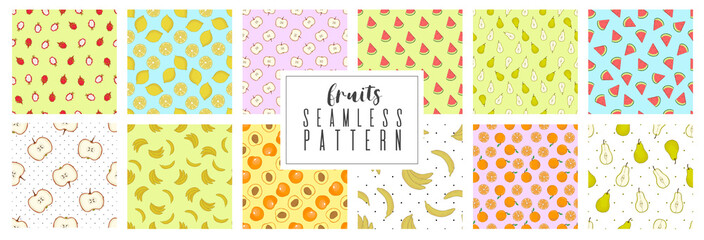 Set pattern of hand drawing summer with fruits and berries. Organic food. Healthy lifestyle. Vector illustration.