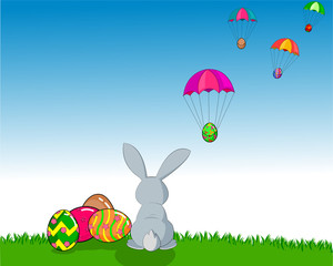 The rabbit is sitting waiting for the Easter egg in the colorful parachute,vector and illustration.