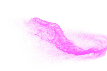Dry river sand explosion. Pink colored sand splash against  white background.Pink particles splash.