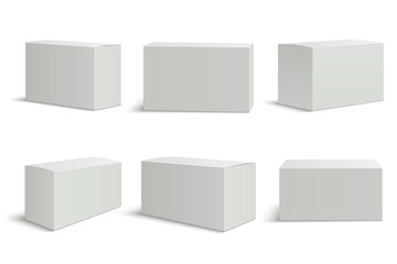 White boxes templates. Blank medical box 3d isolated paper packaging. Rectangle carton package vector mockup set