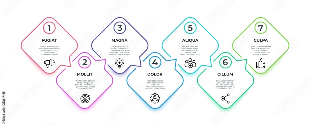 Poster line flow infographic. 7 steps square timeline milestone graphic, presentation banner concept. vecto