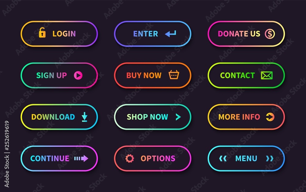 Leinwandbilder Gradient action buttons. Flat web submit form, modern transition sign, game navigation ui design element. Vector gradient button set