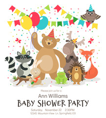 Happy birthday animals poster. Woodland forest animal baby shower kids invitation vintage vector card designs