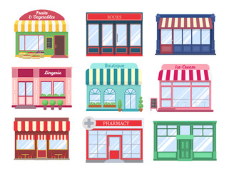 Shop flat buildings. Modern store facade cartoon boutique street building storefront restaurant houses. Shopping vector isolated set
