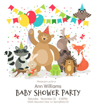 Happy Birthday Animals Poster. Woodland Forest Animal Baby Shower Kids Invitation Vintage Vector Card Designs