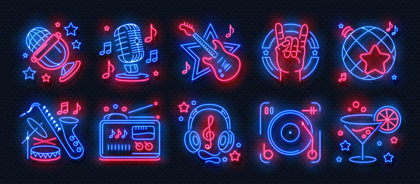Neon party icons. Dance music karaoke light signs, glowing concert banner, rock bar disco poster. Vector retro night club set