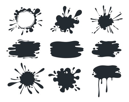 Black paint blob. Brush pen splatter shapes, current paint stains, liquid dripping melted chocolate. Vector paint drip for logo set