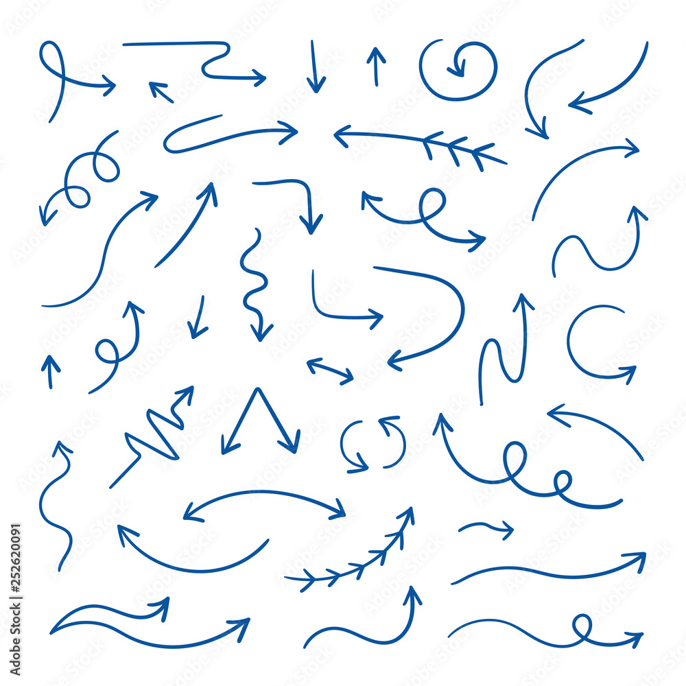 Poster Doodle arrows. Linear hand drawn direction arrows, pen sketch design elements. Wavy loop line arrows. Vector doodle design elements set