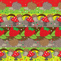 Cartoon cute doodles seamless texture. Endless vector illustration. Multicolor pattern of  berries, mushrooms and hedgehogs . can be used for fabric and  wallpaper