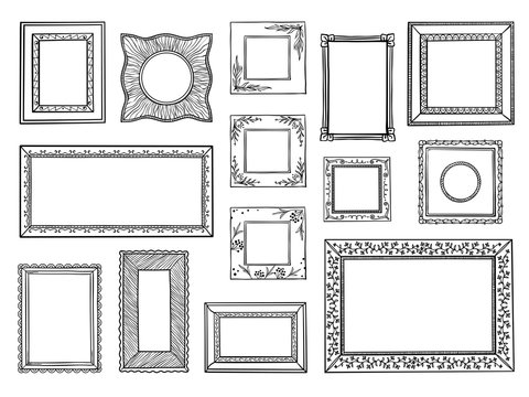 Hand drawn frames. Doodle square and circle boarders, vintage decorative sketch shapes. Vector doodle ornamental boarders set